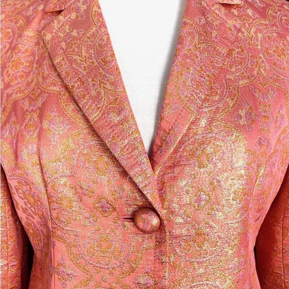 J.Crew Stunning, Silk Coral/Gold Metallic Blazer with Fabric Buttons, Size 0